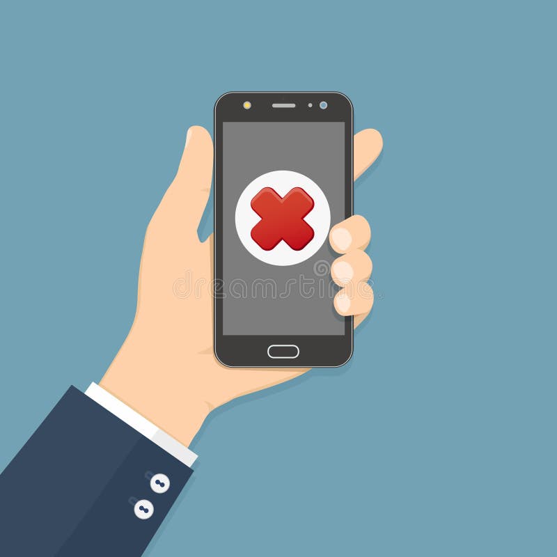 Διαγώνιο σημάδι στην οθόνη smartphone Το χέρι κρατά το smartphone Κινητό τηλέφωνο με το σημάδι Ερυθρών Σταυρών Έννοια αποτυχίας ελεύθερη απεικόνιση δικαιώματος