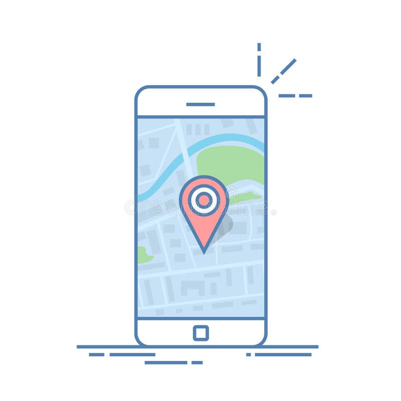 Smartphone με τη ναυσιπλοΐα app και την κόκκινη καρφίτσα Αφηρημένος γενικός χάρτης πόλεων με τους δρόμους, πάρκα, κτήρια, ποταμός ελεύθερη απεικόνιση δικαιώματος