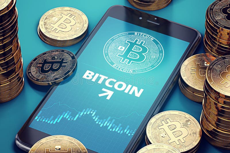 Smartphone с диаграммой роста Bitcoin на экране среди куч Bitcoins Концепция успеха Bitcoin иллюстрация вектора