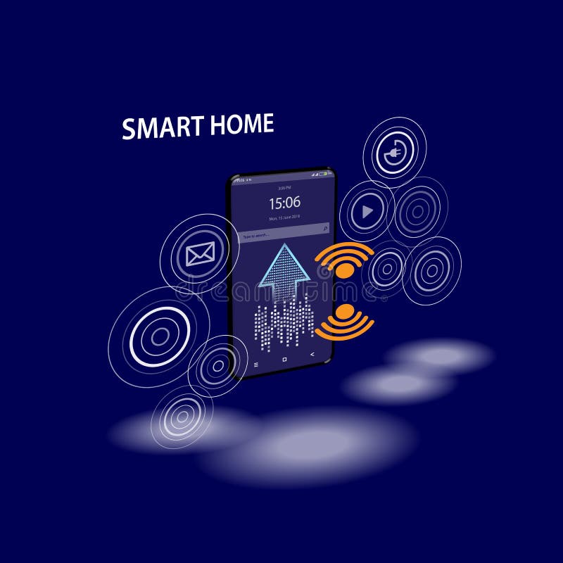 Smartphone с стойкой цифрового логотипа умной домашней на значках iot Умные механизма управления телефона умного дома через радио иллюстрация вектора Smartphone с стойкой цифрового логотипа умной домашней на значках iot Умные механизма управления телефона умного дома через радио иллюстрация вектора