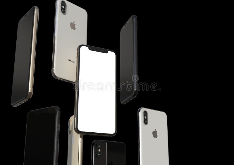 Smartphones grises del oro, de la plata y del espacio de IPhone XS, flotando en aire, pantalla blanca ilustración del vector Smartphones grises del oro, de la plata y del espacio de IPhone XS, flotando en aire, pantalla blanca ilustración del vector