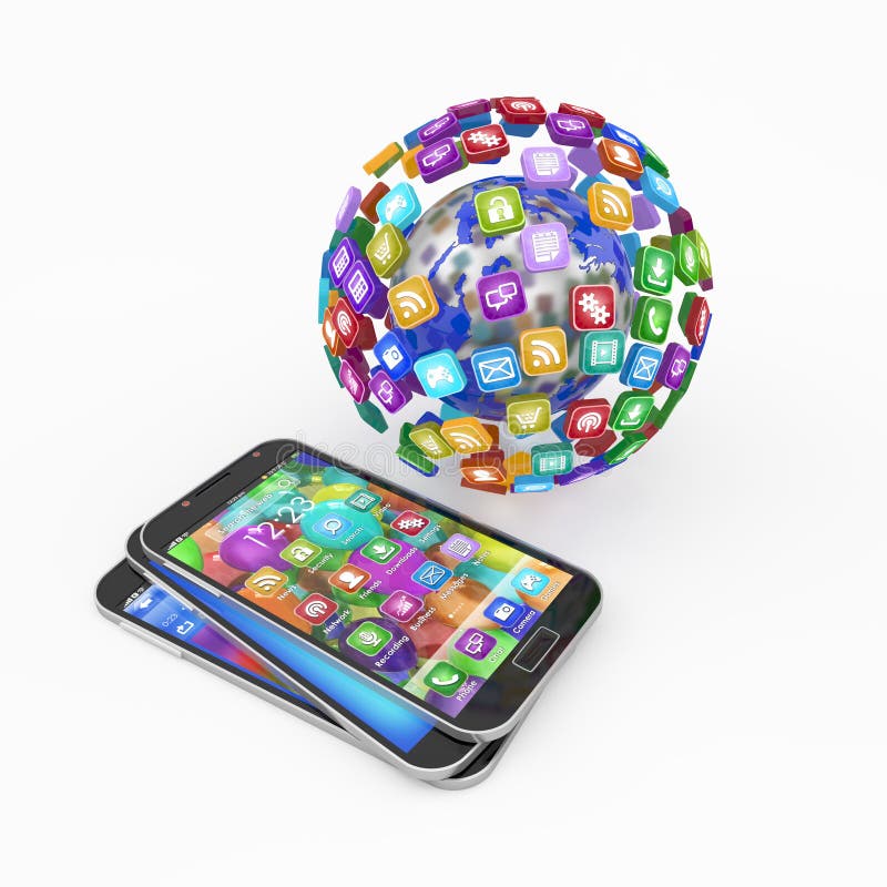 Smartphones with cloud of application icons isolated. Smartphones with cloud of application icons isolated