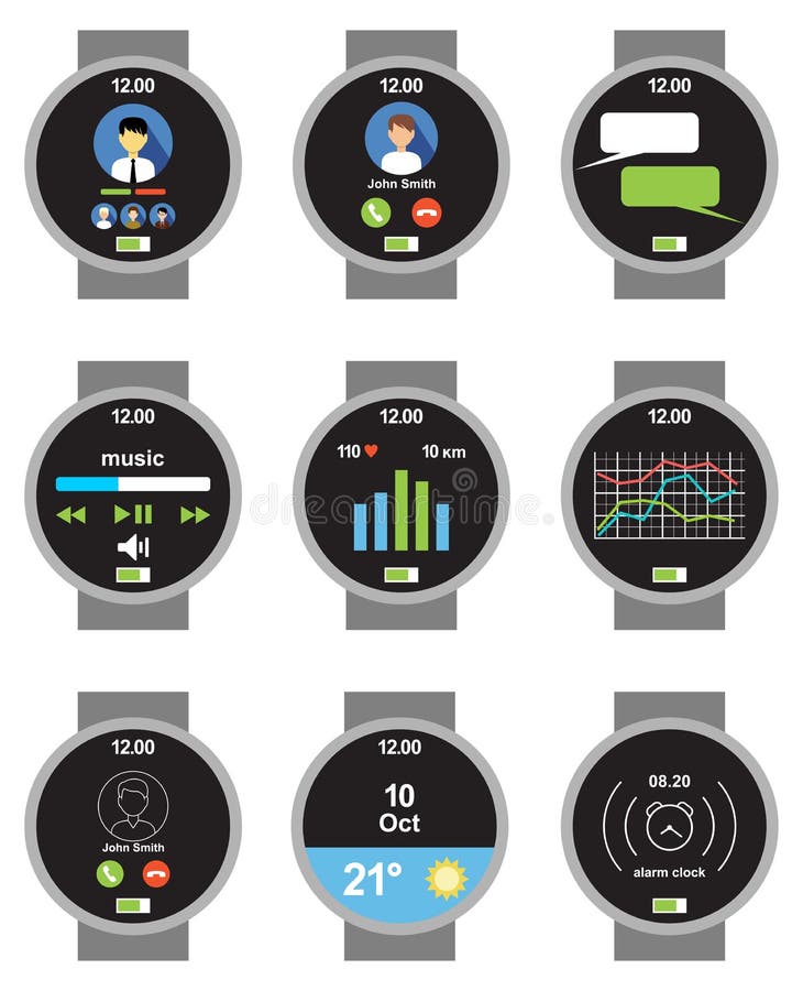 Smartwatch do círculo Aplicações na tela ilustração do vetor Smartwatch do círculo Aplicações na tela ilustração do vetor