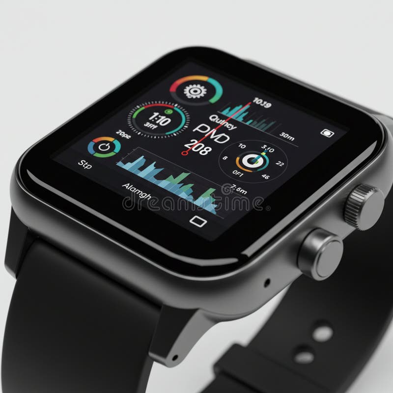 Smartwatch featuring a sleek black design with a rectangular touchscreen. The royalty free illustration