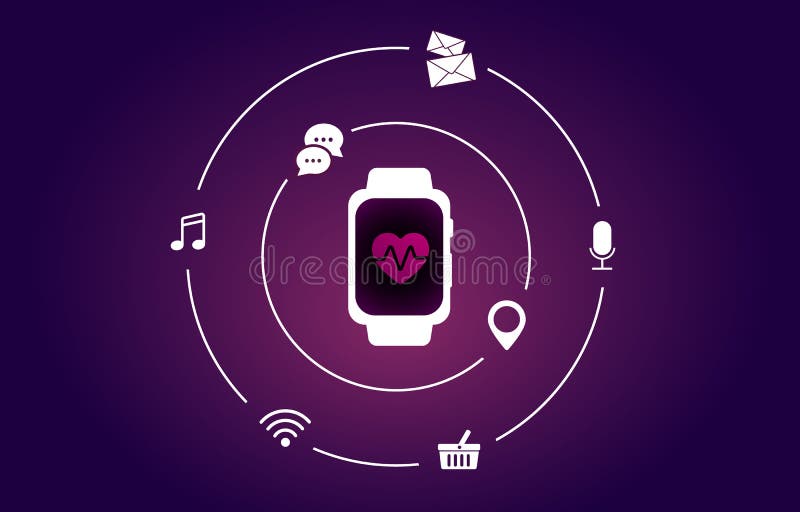 Smartwatch and fitness tracker vector concept. Color heart icon on isometric smart watch screen and other technology functions stock illustration