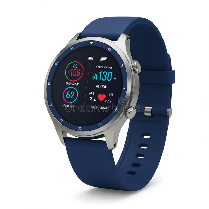 Smartwatch med cirkulärt metallhölje av silver och blått silikonband. Skärmen royaltyfri illustrationer