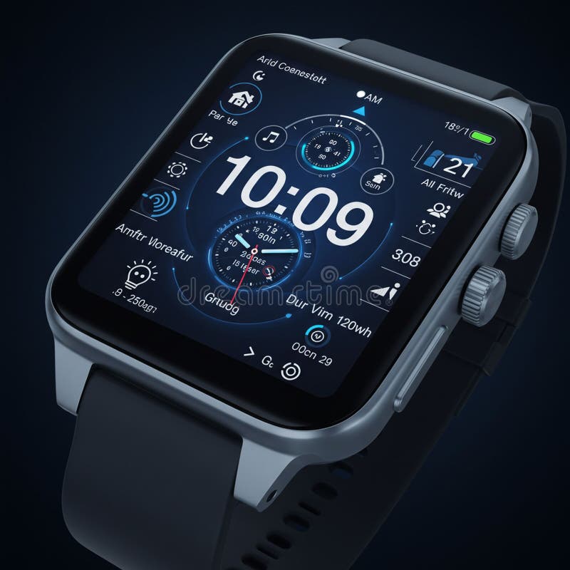 Smartwatch med en elegant metallväska och svart band. Den digitala bildskärmen vektor illustrationer