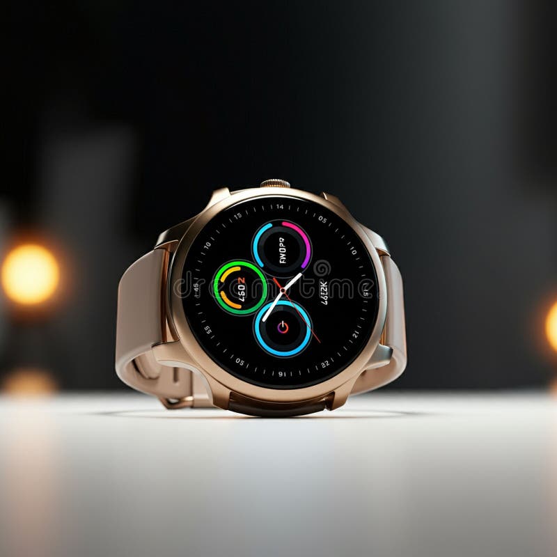 Smartwatch med en elegant, rund design och ett metallhölje. Skärmen är färgstark vektor illustrationer