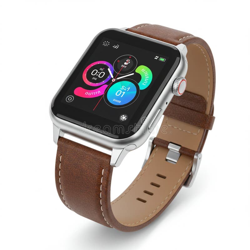 Smartwatch med en fyrkantig metallväska av silver och ett brunt läderband. Skärmen vektor illustrationer