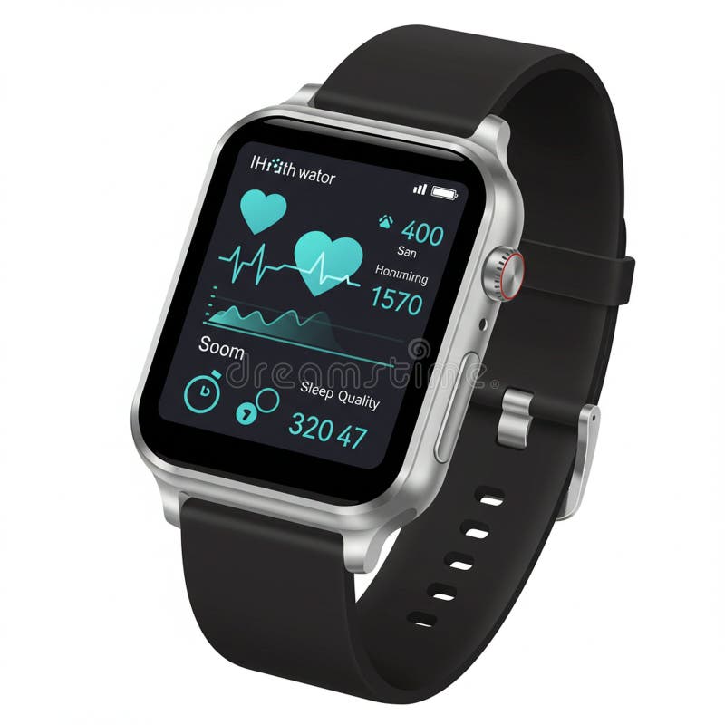Smartwatch med ett silvermetallhölje och ett svart justerbart band. Skärmen royaltyfri illustrationer
