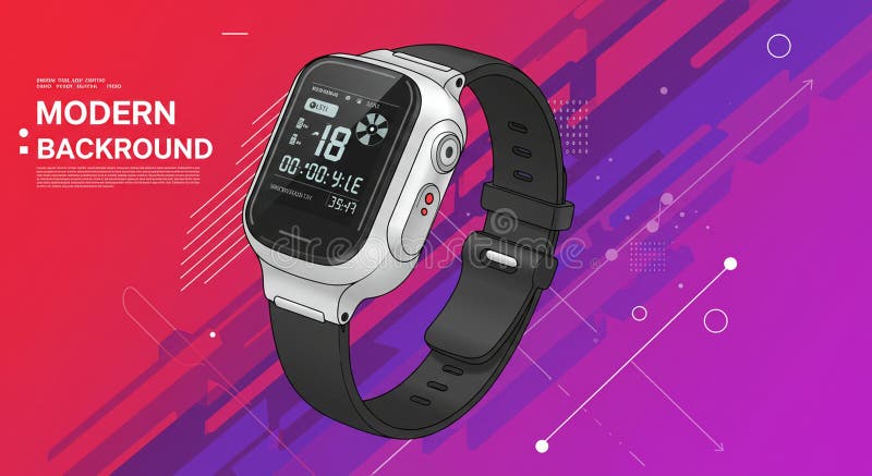 Smartwatch med ett svart band och en framstående digital skärm som visar tid och royaltyfri illustrationer