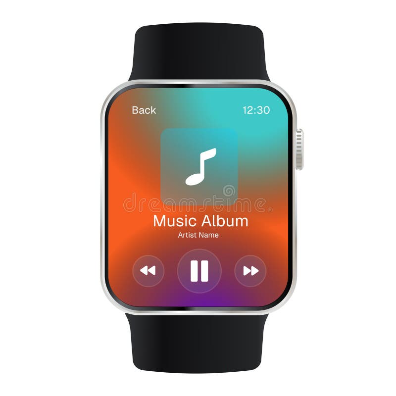 Smartwatch music player interface with playback controls on colorful gradient background wearable technology media and royalty free illustration