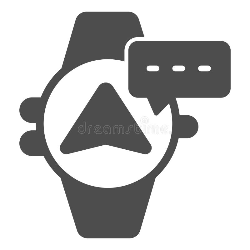 Smartwatch with navigation pointer and message solid icon, neural dataset concept. Vector graphics. Wearable electronics vector illustration