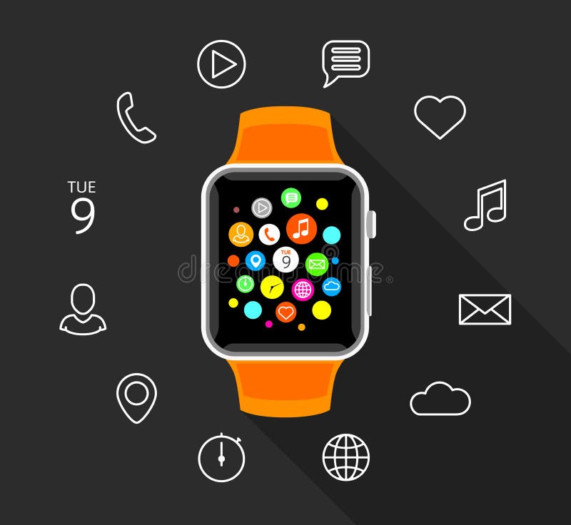 Smartwatch orange plat moderne avec des icônes d'APP sur le fond gris illustration libre de droits Smartwatch orange plat moderne avec des icônes d'APP sur le fond gris illustration libre de droits