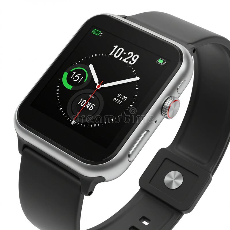 Smartwatch with a rectangular touchscreen display showing time and activity metrics. Features stock illustration