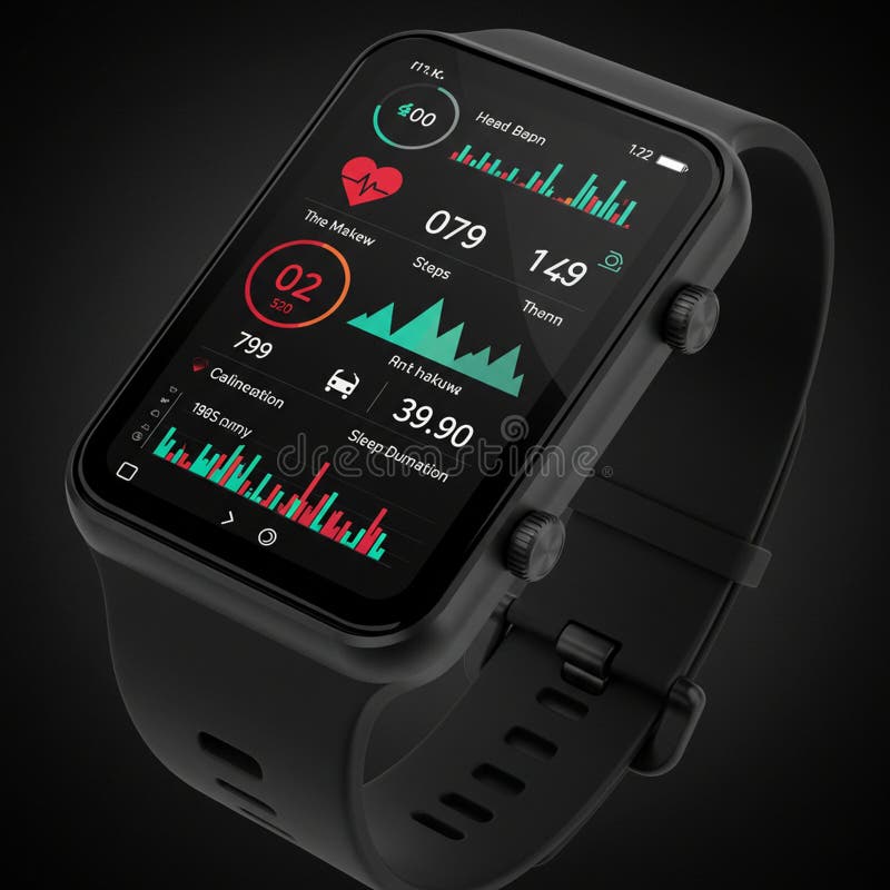Smartwatch with a sleek black band and rectangular face. Displays vibrant data with stock illustration