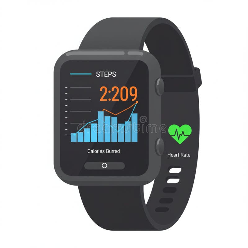 Smartwatch with a sleek black band and rectangular touchscreen display. Shows vector illustration