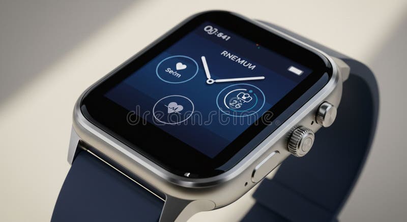 A smartwatch with a sleek, rectangular design features a dark touchscreen displaying royalty free illustration