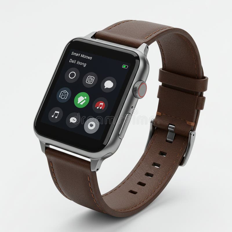 Smartwatch with a sleek, rectangular touchscreen display showing various app icons. stock illustration