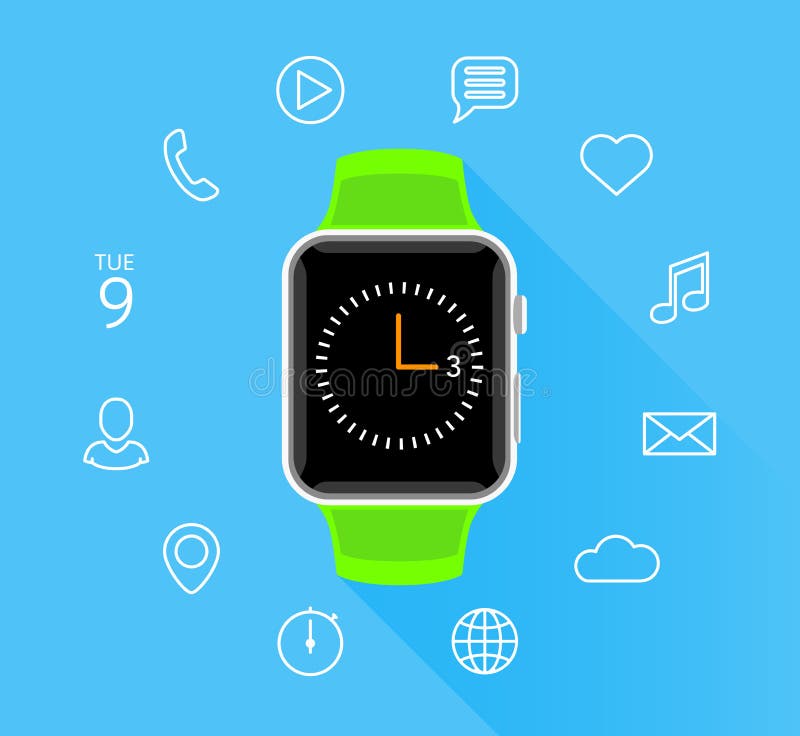 Smartwatch vert plat moderne avec des icônes d'APP sur le fond bleu illustration stock Smartwatch vert plat moderne avec des icônes d'APP sur le fond bleu illustration stock