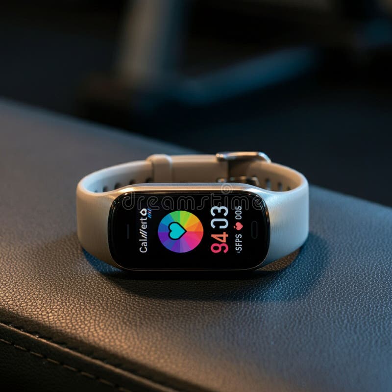 Smartwatch with a white silicone band resting on a textured surface. Its display royalty free illustration