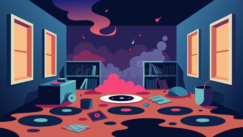The smell of musty vinyl and faint hints of coffee fill the air. Vector illustration. stock illustration
