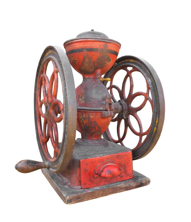 Smerigliatrice di caffè antica del metallo isolata. immagine stock libera da diritti Smerigliatrice di caffè antica del metallo isolata. immagine stock libera da diritti