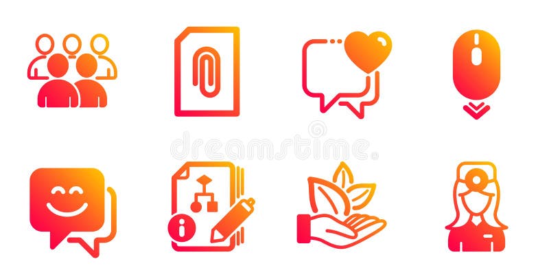 Smile face, Scroll down and Heart icons set. Attachment, Group and Organic product signs. Vector vector illustration