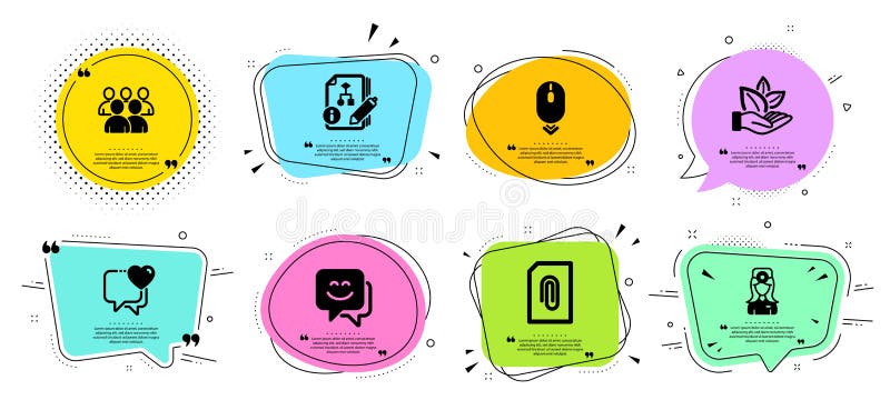 Smile face, Scroll down and Heart icons set. Attachment, Group and Organic product signs. Vector vector illustration