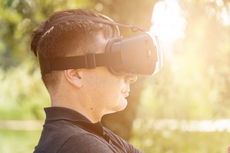 Smile Happy Man Getting Experience Using VRheadset Glasses of Virtual