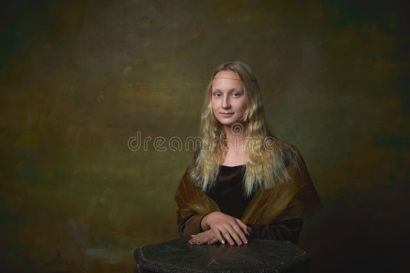 Smile. Portrait of young girl as Mona Lisa picture posing over dark vintage background. Retro style, art, fashion