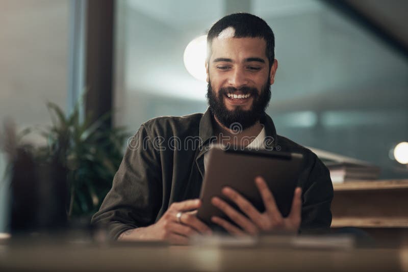 Smile, tablet and typing with business man in office for schedule, planning or editor feedback. Idea, author advisor and stock photography