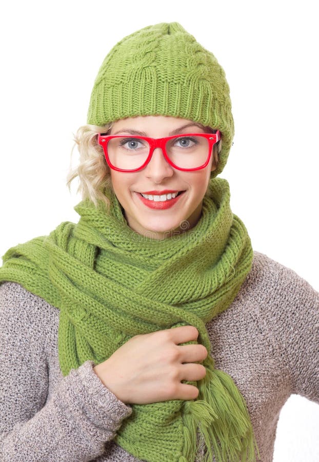 Smile trendy woman wearing eyewear with wool scarf