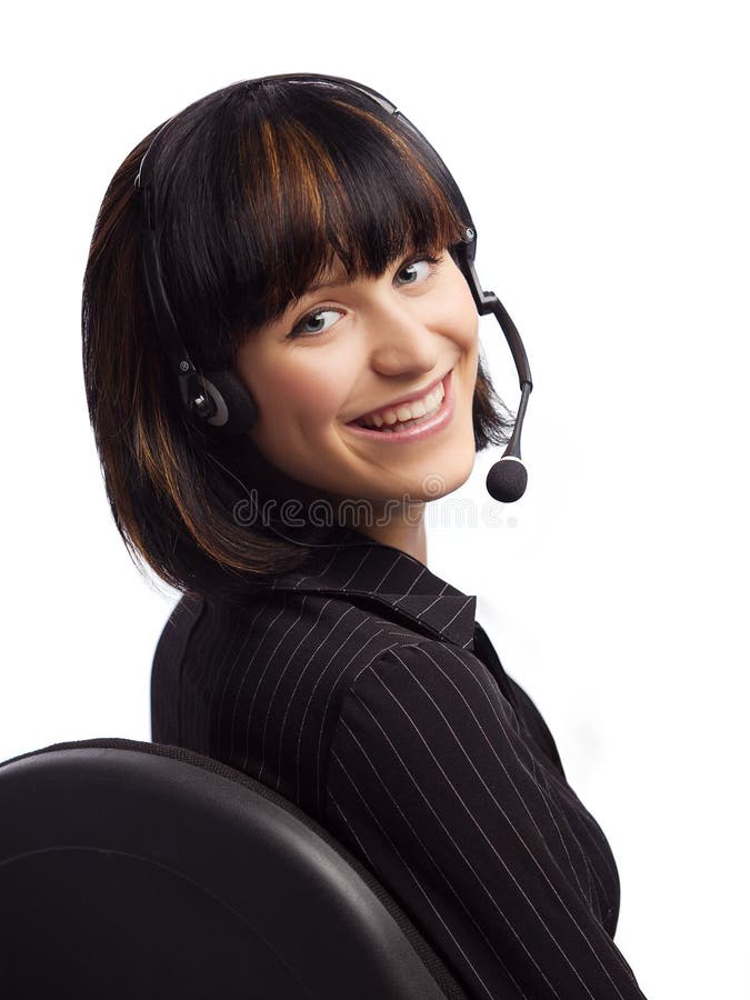 Smiled brunette woman in chair with headphone