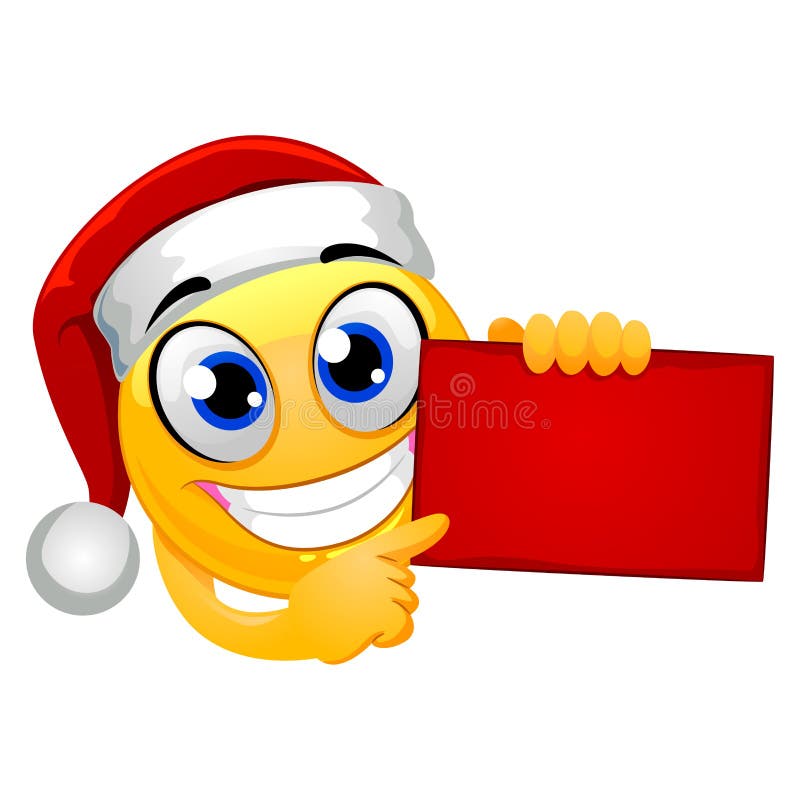 Vector Illustration of Smiley Emoticon wearing Santa Hat while Holding Red Blank Board. Announcement emoticon vectors