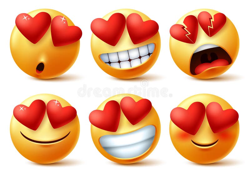 Smiley emoticons or emojis face with heart eye vector set. Smileys emoji of red hearts with in love, broken, blissful, happy.