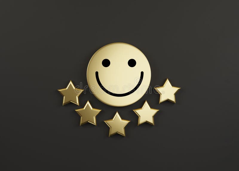 Smiley Face on Golden Circle with Five Gold Stars on Black Background for  the Best Client or Customer Evaluation after Use Product Stock Illustration  - Illustration of rating, happy: 230275444