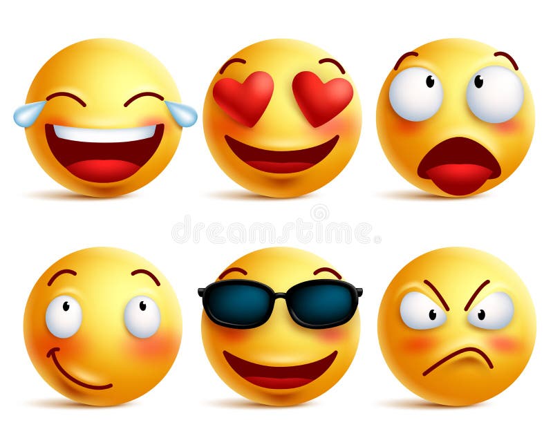 Smiley face icons or yellow emoticons with emotional funny faces