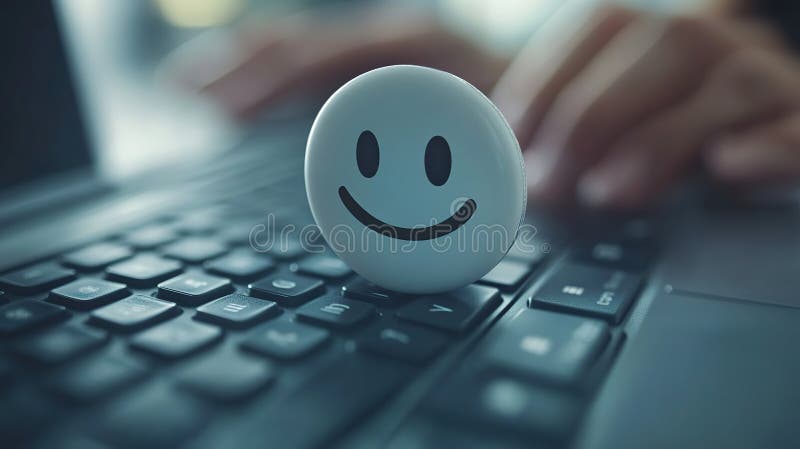 Smiley face on laptop keyboard, user typing, office background, positive feedback vector illustration