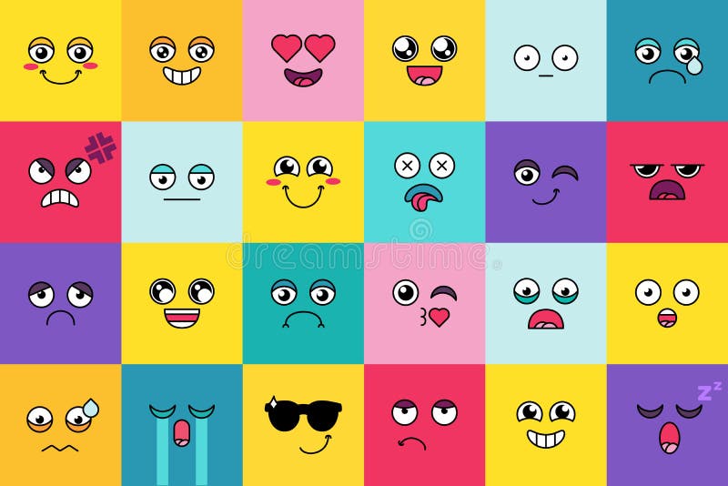 Smiley, cute emoji sticker set. Cute moticon, social media cartoon face pack. Mood expression. Smiley, cute emoji sticker set. Cute moticon, social media cartoon face pack. Mood expression