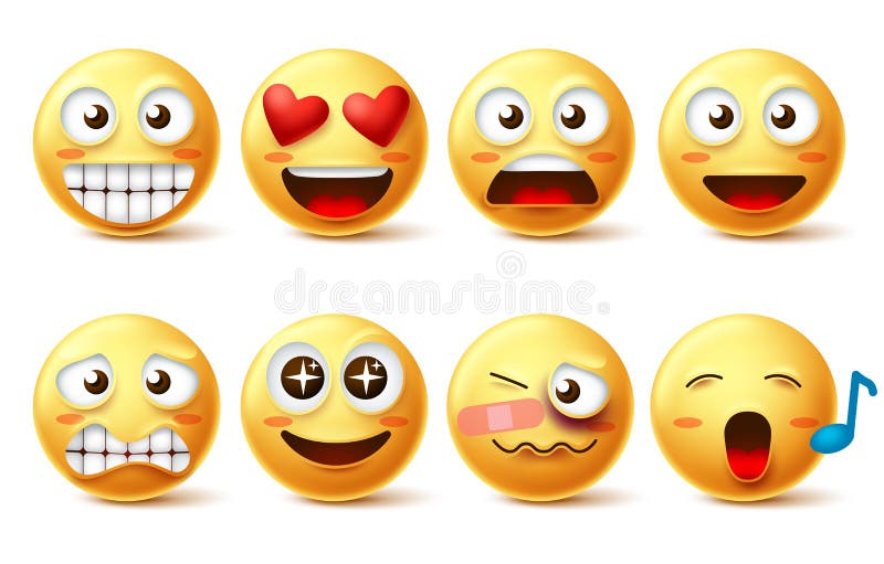 Smiley набор вектора стороны Значки и смайлики Smileys со смешным, счастливым, inlove, петь и повреждением иллюстрация штока