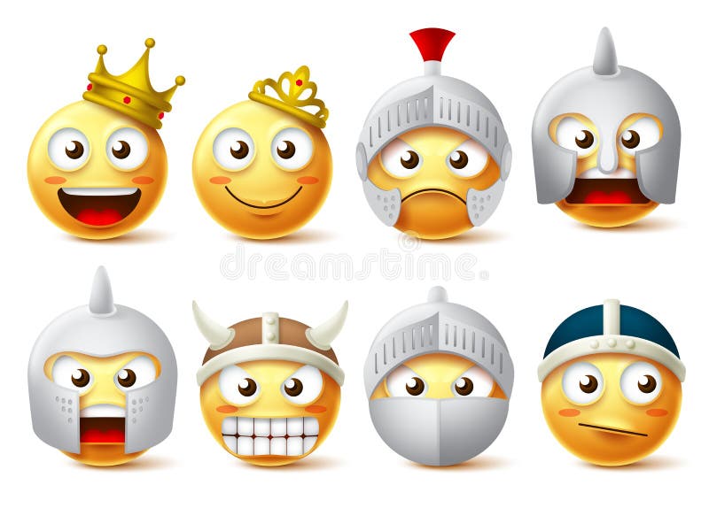Smiley набор символов вектора стороны Характеры Smileys и смайликов короля, ферзя, рыцарей, воинов нося крону и панцырь иллюстрация вектора
