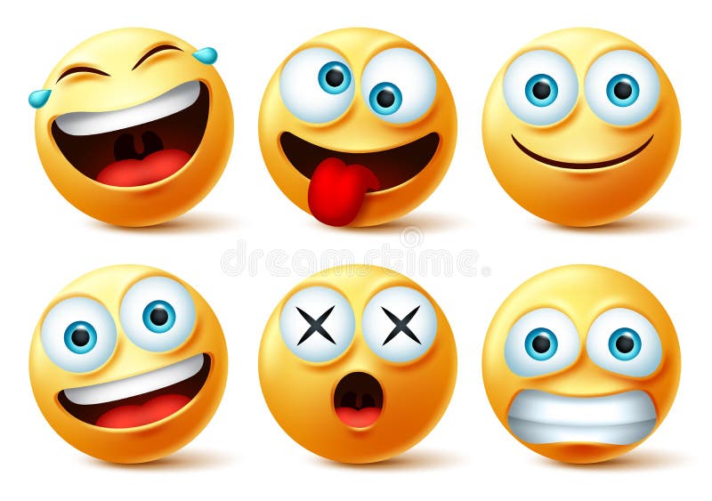 Smileys emoji and emoticon faces vector set. Smiley emojis or emoticons with crazy, surprise, funny, laughing, and scary.