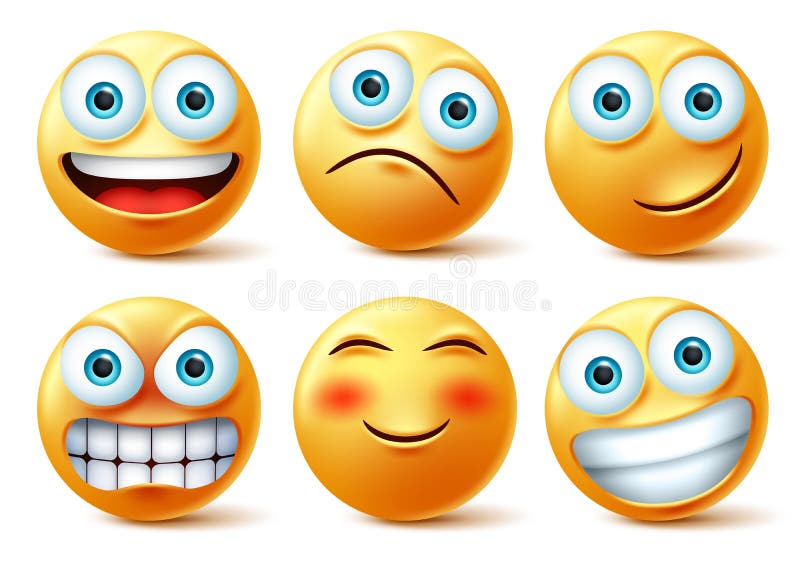 Smileys emojis en emoticons face vectorset Smiley emoji leuke gezichten in een gelukkige, boze en grappige gezichtsuitdrukking