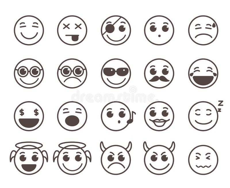 Smileys som framsidor sänker linjen vektorsymboler, ställde in med roliga ansiktsuttryck vektor illustrationer Smileys som framsidor sänker linjen vektorsymboler, ställde in med roliga ansiktsuttryck vektor illustrationer