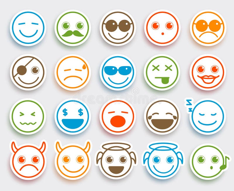 Smileys stawiają czoło wektorowych emoticons ustawiających w białym płaskim ikona majcherze ilustracji Smileys stawiają czoło wektorowych emoticons ustawiających w białym płaskim ikona majcherze ilustracji
