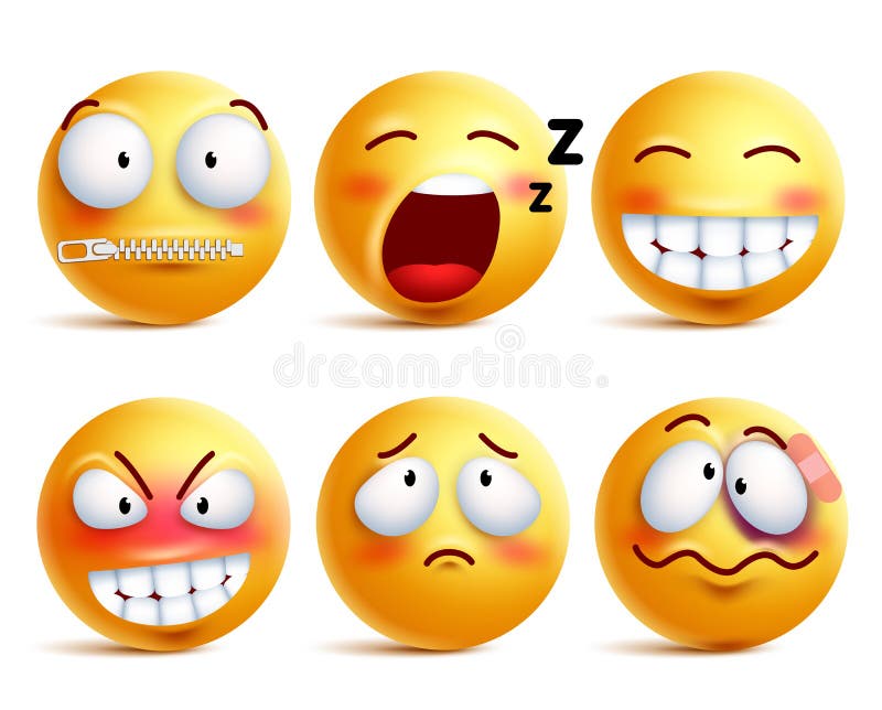 Smileys vector комплект Желтые сторона или смайлики smiley с выражениями лица иллюстрация штока