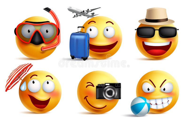 Smileysvector met de zomer en reisuitrustingen wordt geplaatst die Smileygezicht emoticons