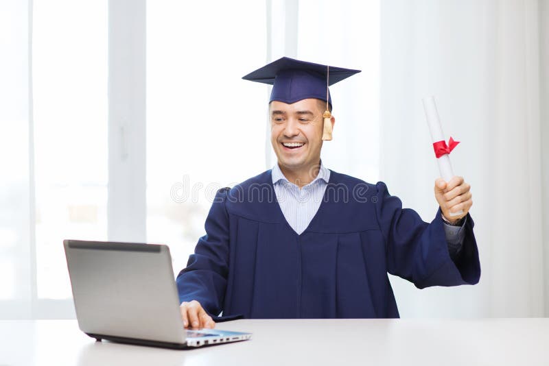 Smiling adult student in mortarboard with diploma royalty free stock images Smiling adult student in mortarboard with diploma royalty free stock images