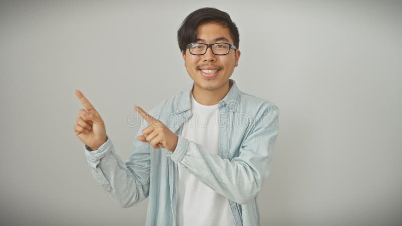 Smiling asian man in denim pointing sideways isolated on white background royalty free stock photo